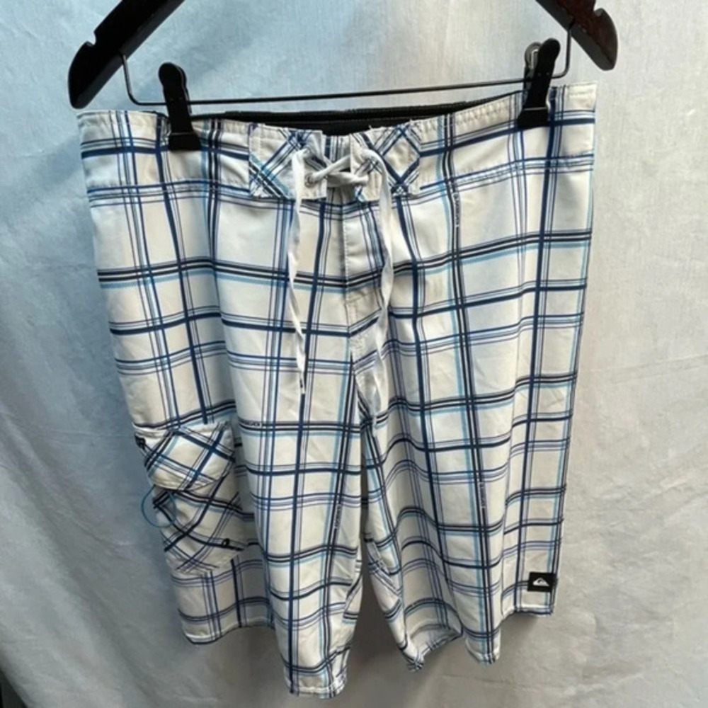 Quiksilver White Plaid Swim Board Short 30